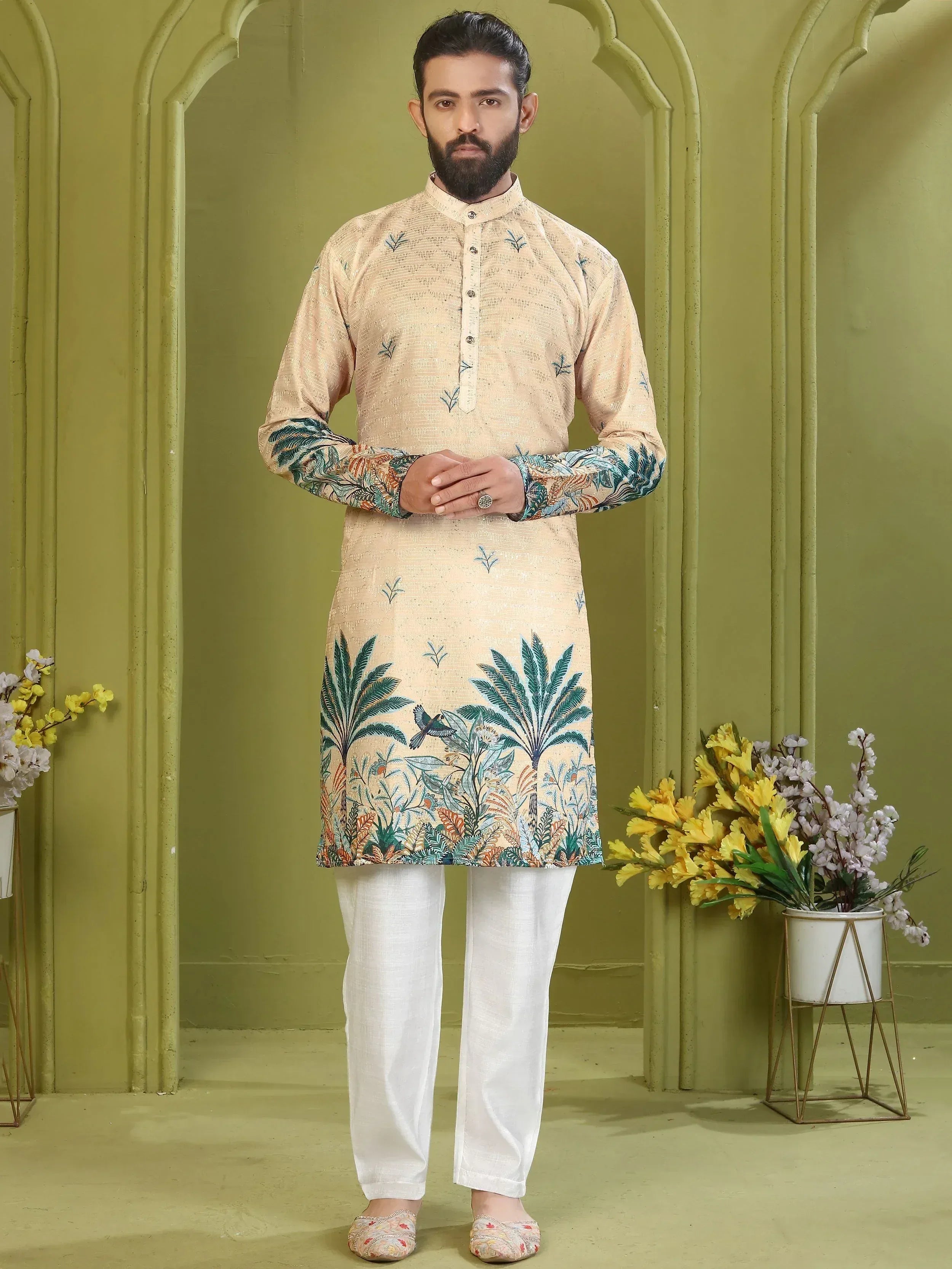 Sparkling Beige Embroidered Rayon Function Wear Men’s Kurta 