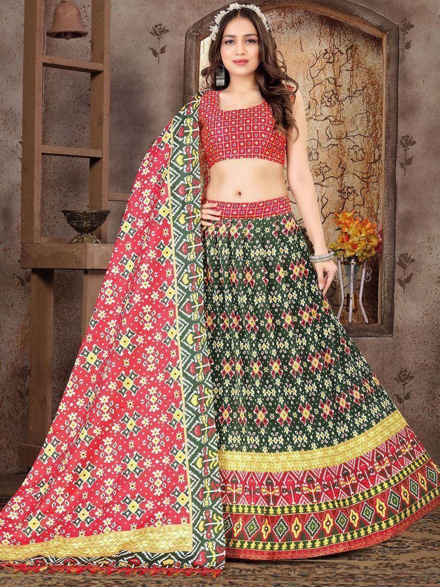 Green and red printed lehenga choli with dupatta, ethnic Indian wear for women