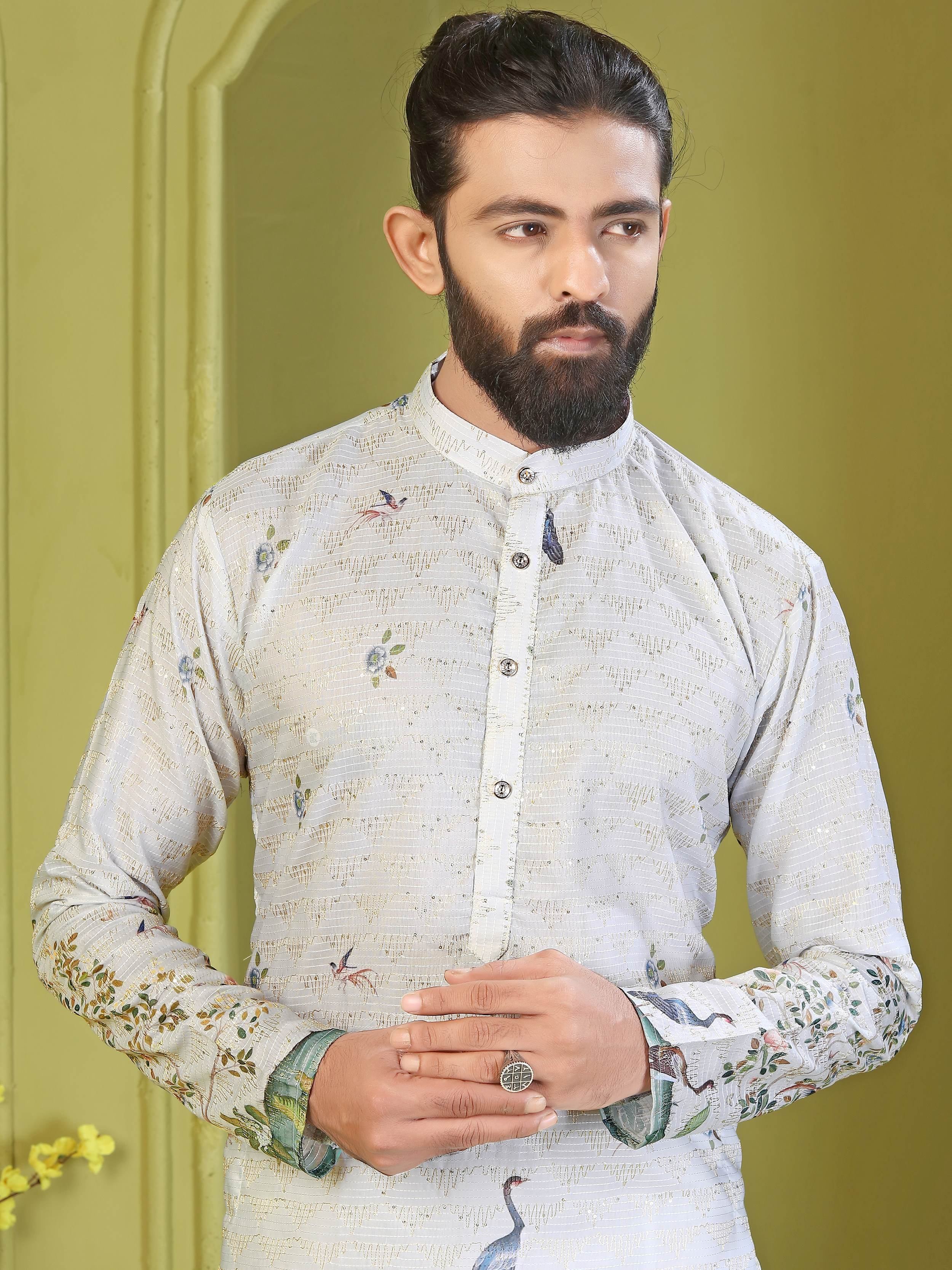 Fantastic Off-White Embroidered Rayon Wedding Wear Men’s Kurta 