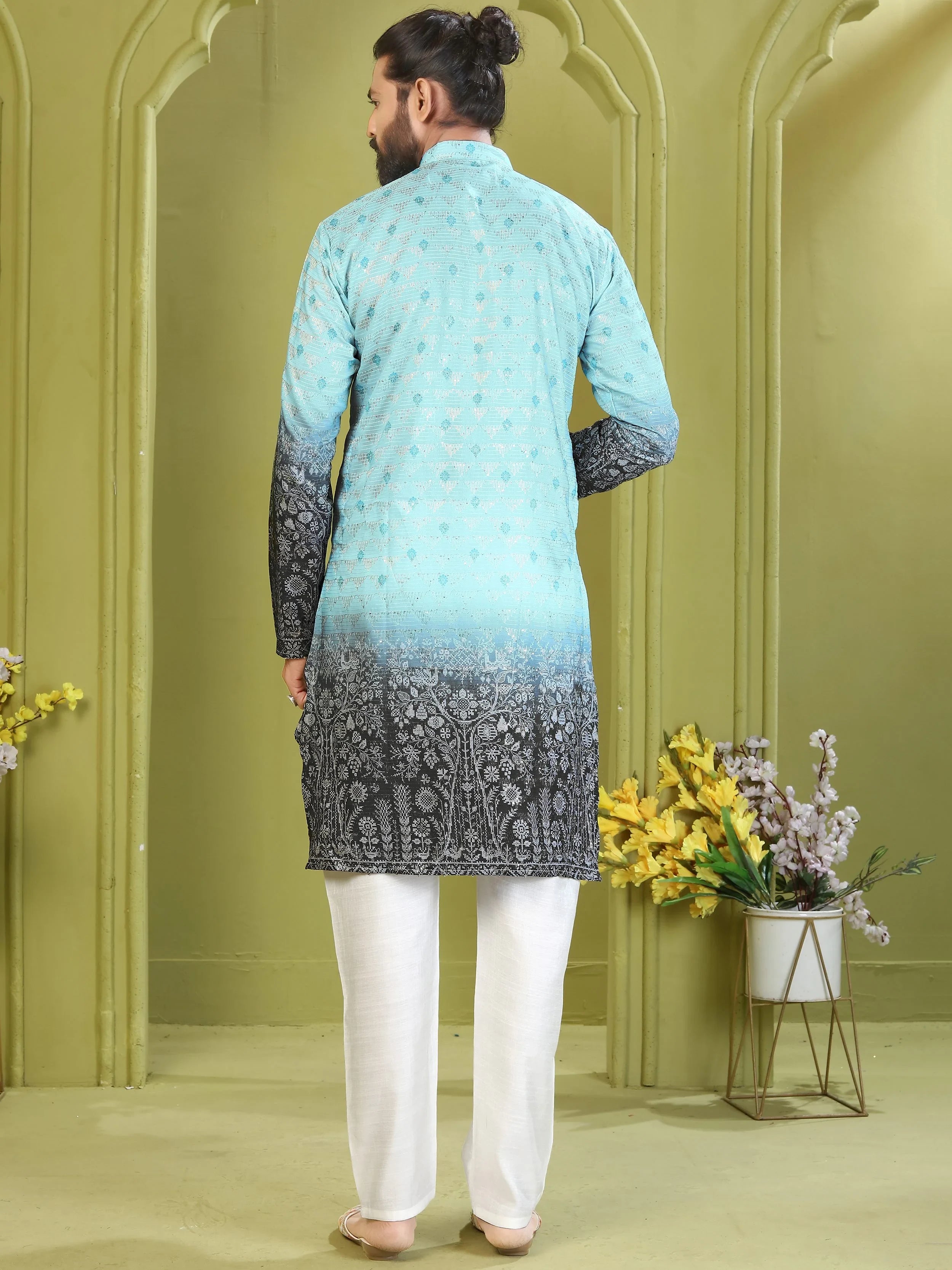 Adorable Sky Blue Digital Printed Rayon Wedding Wear Men’s Kurta 