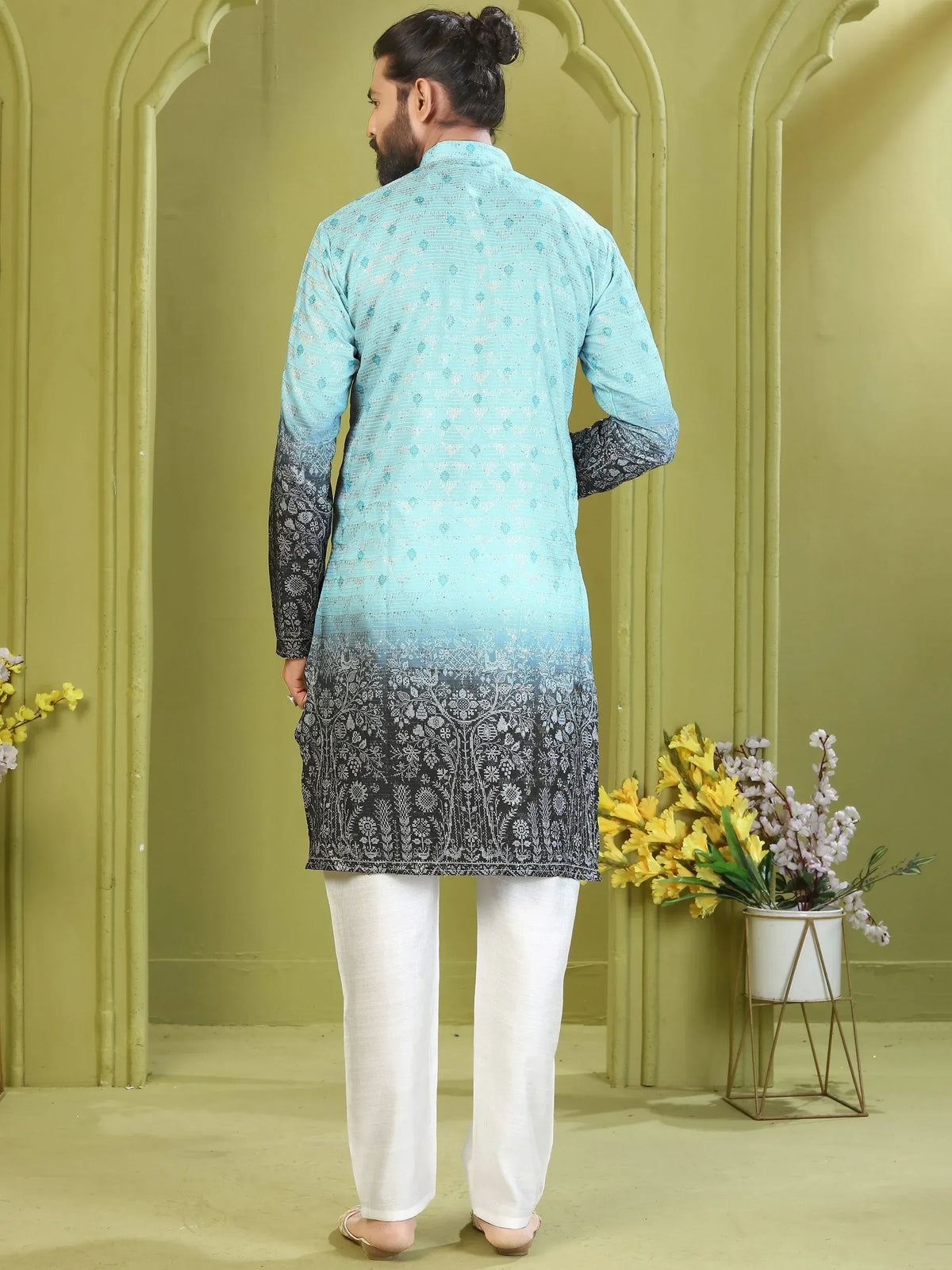 Men's light blue and black printed kurta with white pants, ethnic wear for festive occasions