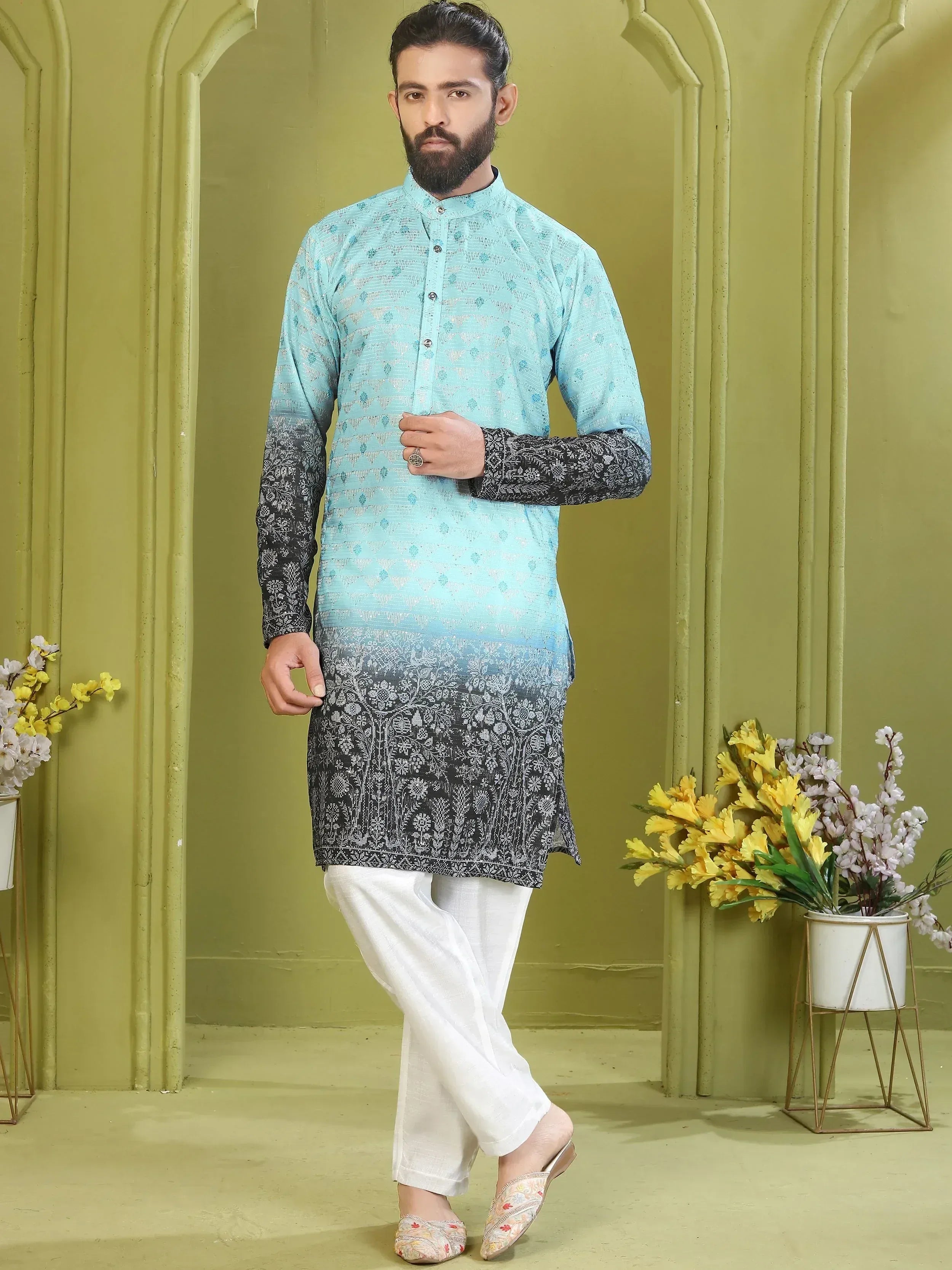Adorable Sky Blue Digital Printed Rayon Wedding Wear Men’s Kurta 