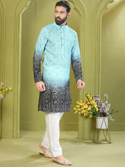 Adorable Sky Blue Digital Printed Rayon Wedding Wear Men’s Kurta 