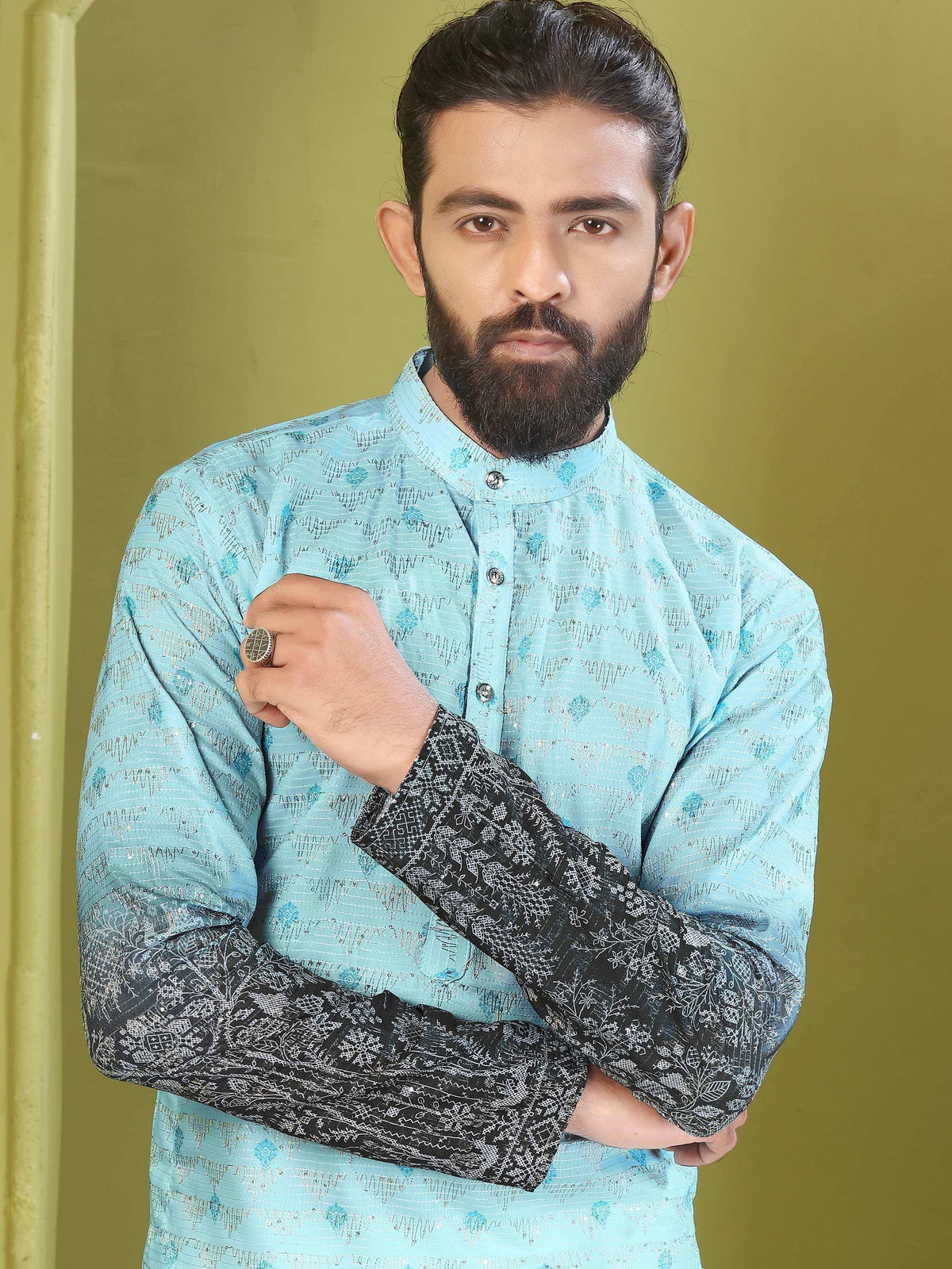Man in light blue printed kurta with black patterned sleeves, ethnic wear for men