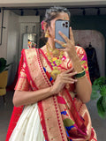 Lavishing White Zari Weaving Silk Festival Wear Lehenga Choli