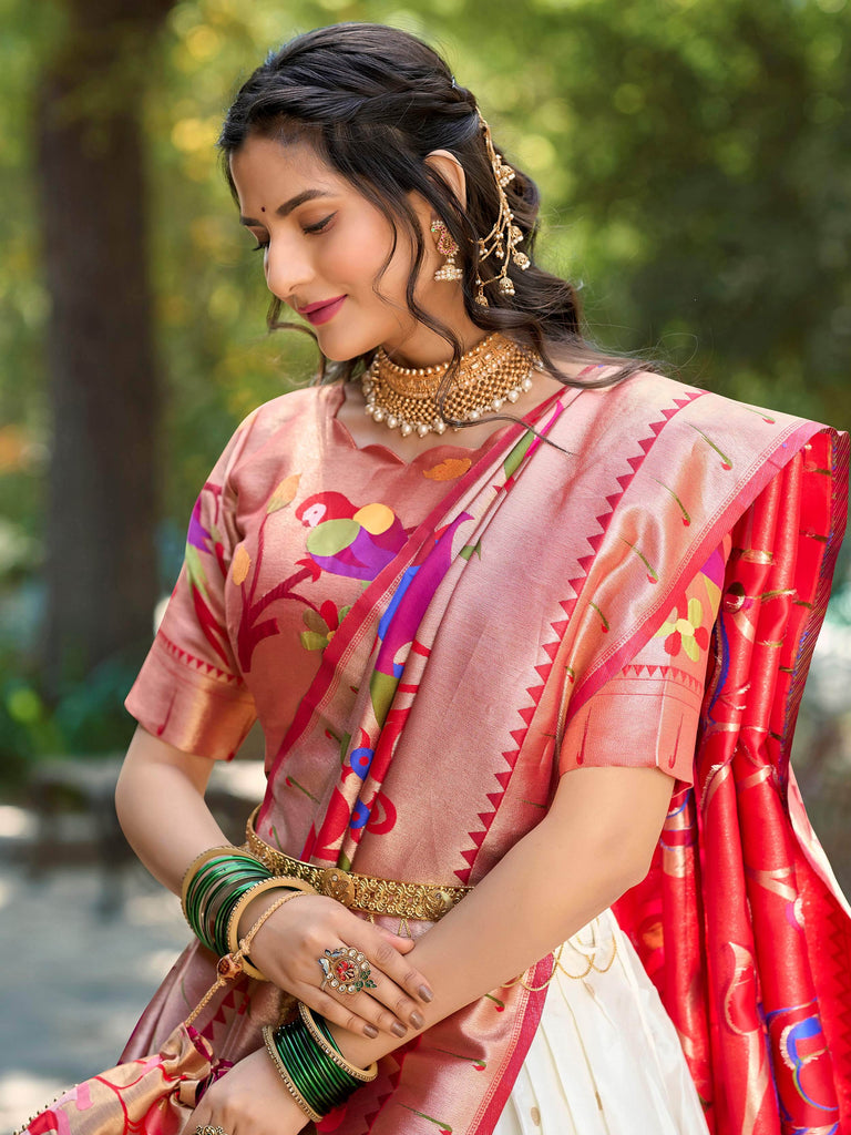 Impressive White Jacquard Silk Zari Work Lehenga Choli With Dupatta