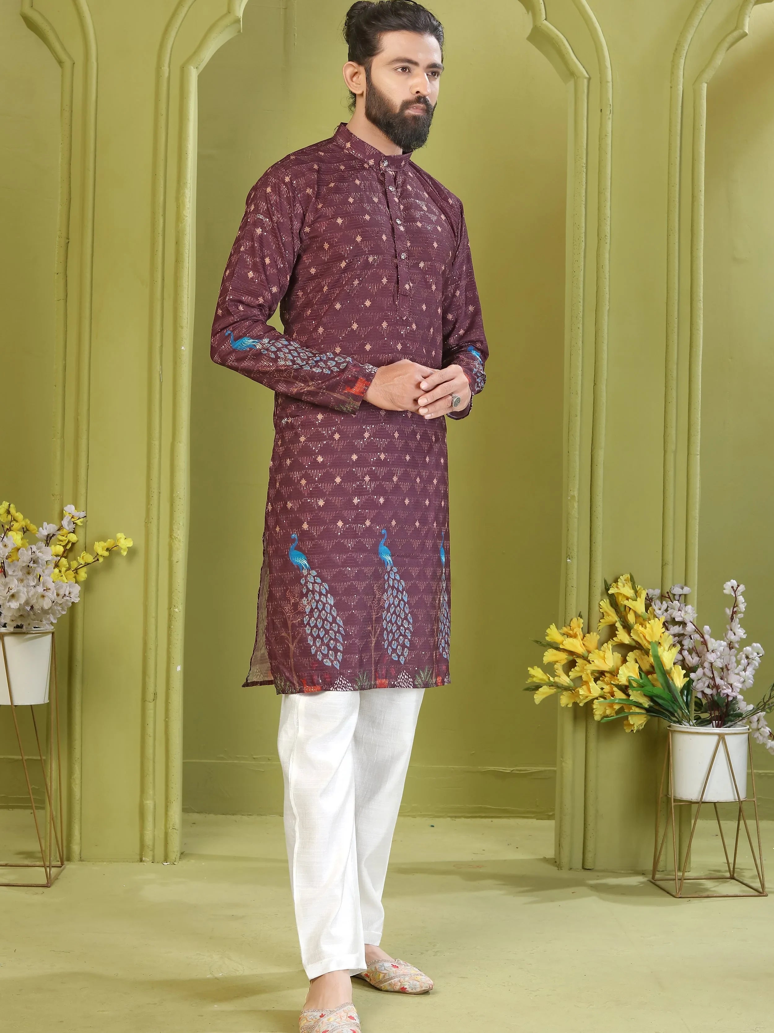 Wonderful Wine Digital Printed Rayon Festive Wear Men’s Kurta 