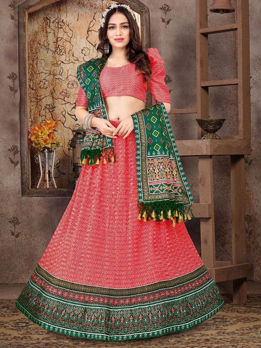 Red printed lehenga choli with green dupatta, ethnic Indian wear for women