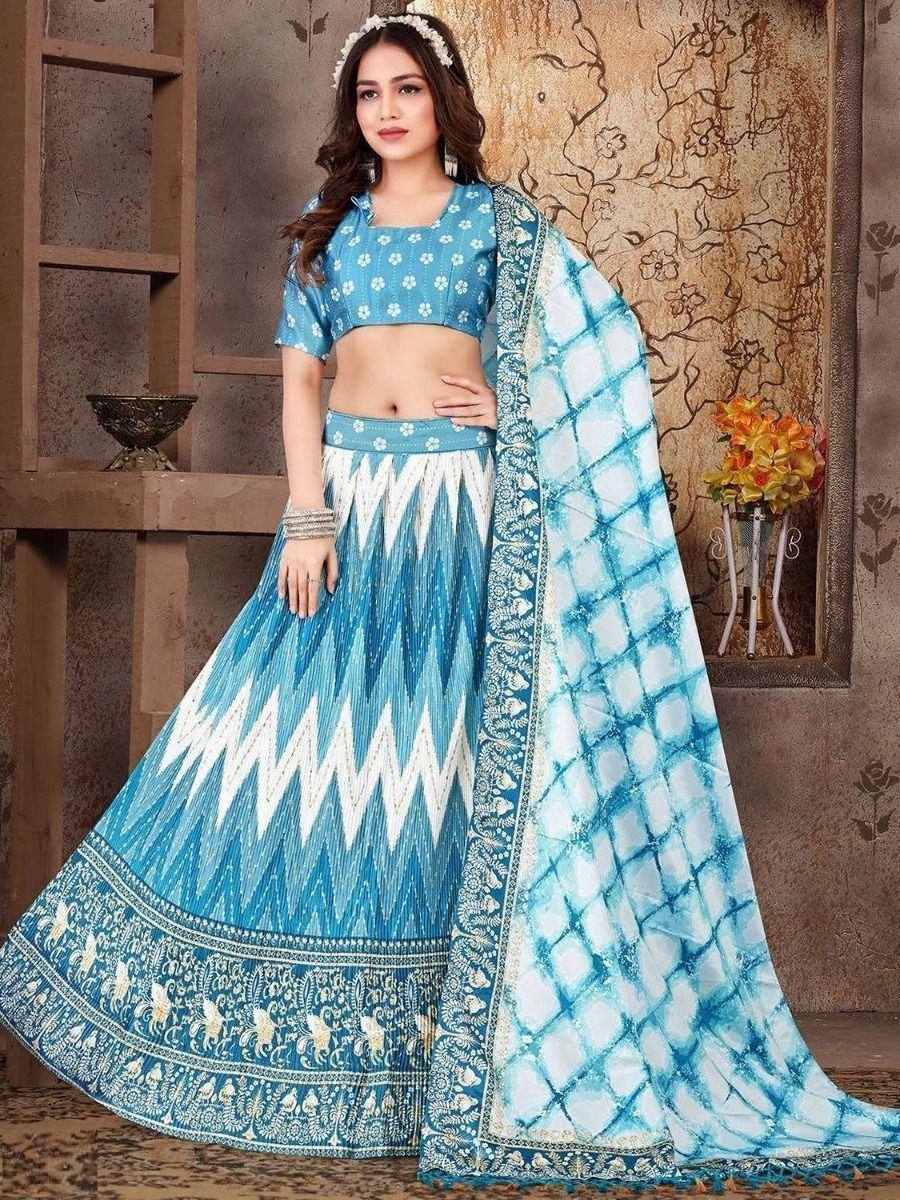 Blue and white printed lehenga choli with matching dupatta, ethnic Indian wear for women