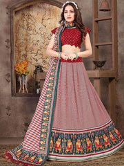 Arresting Red Dull Satin Silk Digital Print Wedding Wear Lehenga Choli
