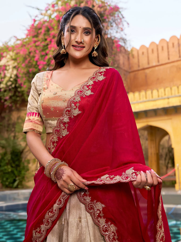 Fashionable Cream Zari Weaving Silk Wedding Wear Lehenga Choli