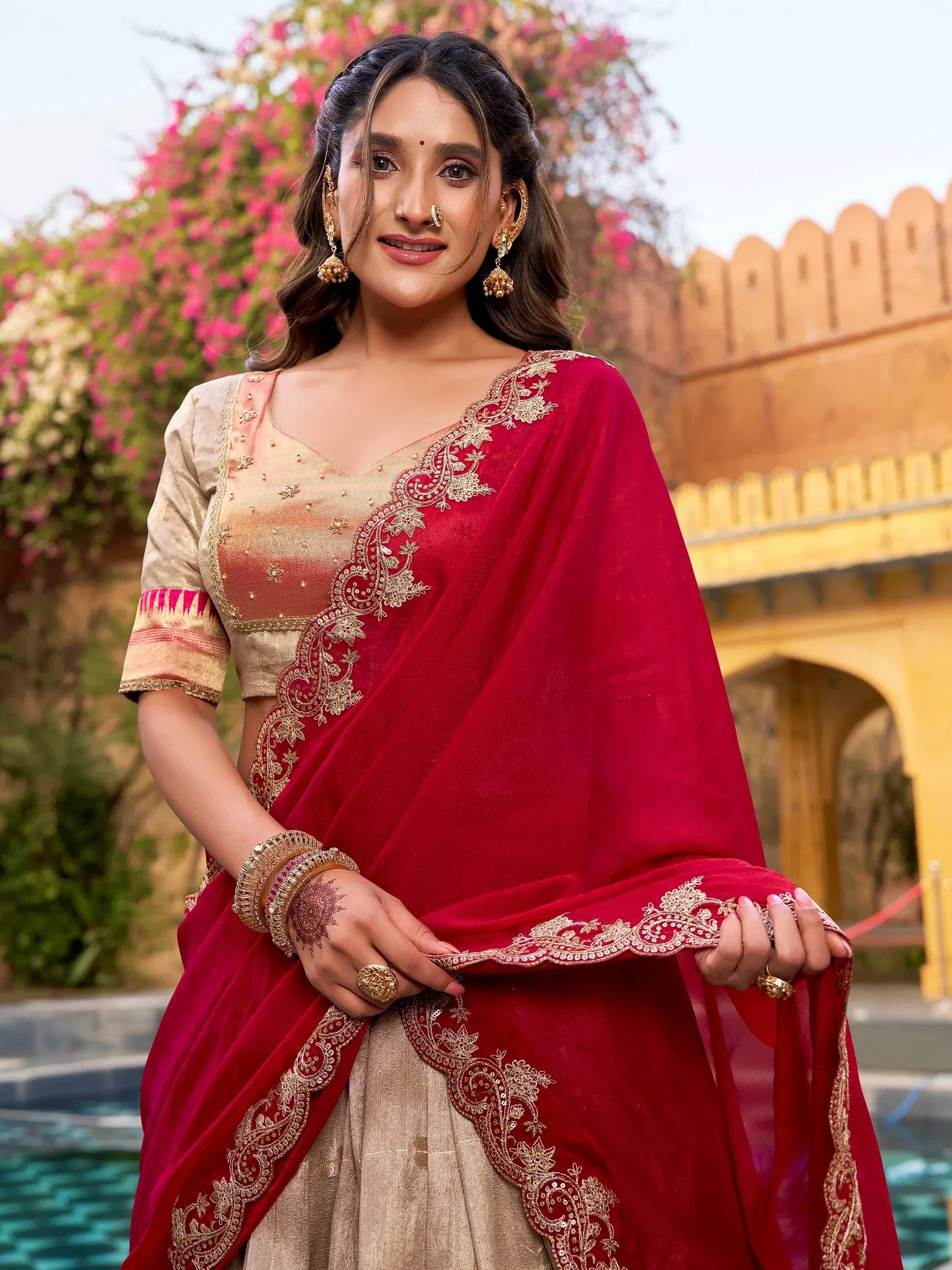 Fashionable Cream Zari Weaving Silk Wedding Wear Lehenga Choli