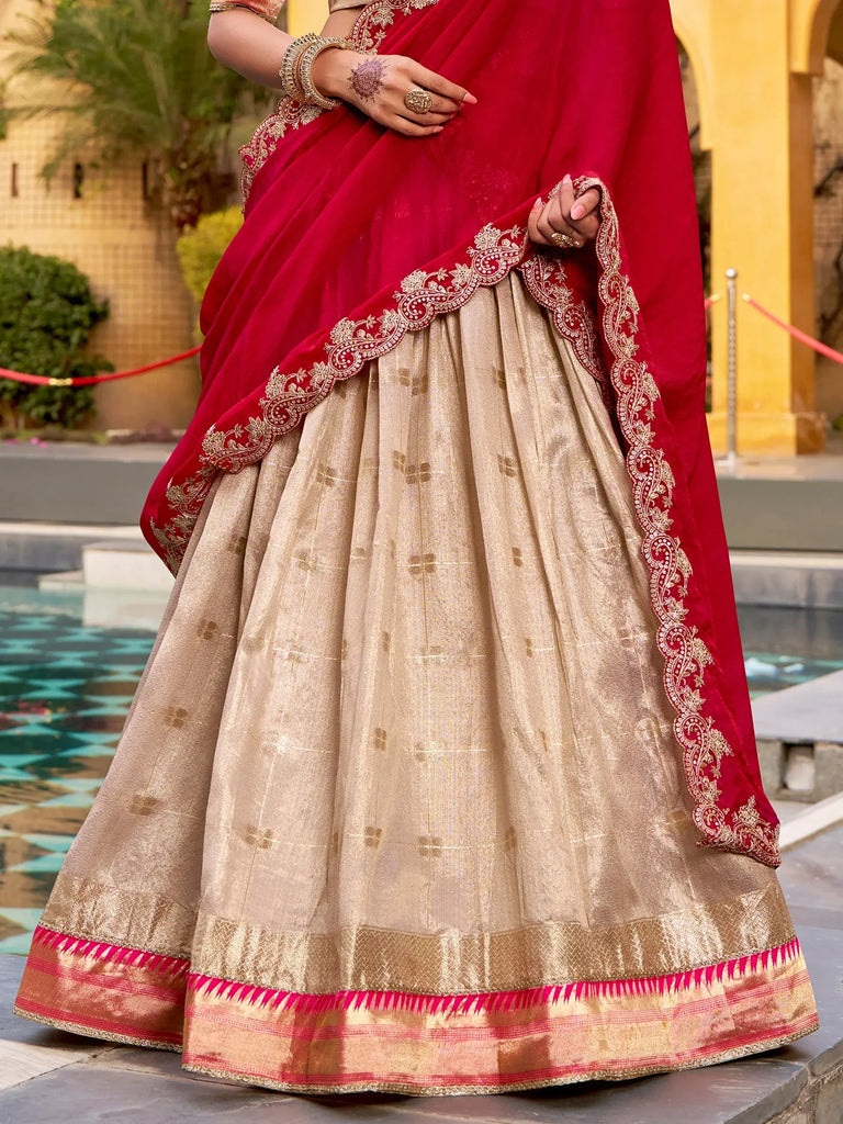 Fashionable Cream Zari Weaving Silk Wedding Wear Lehenga Choli