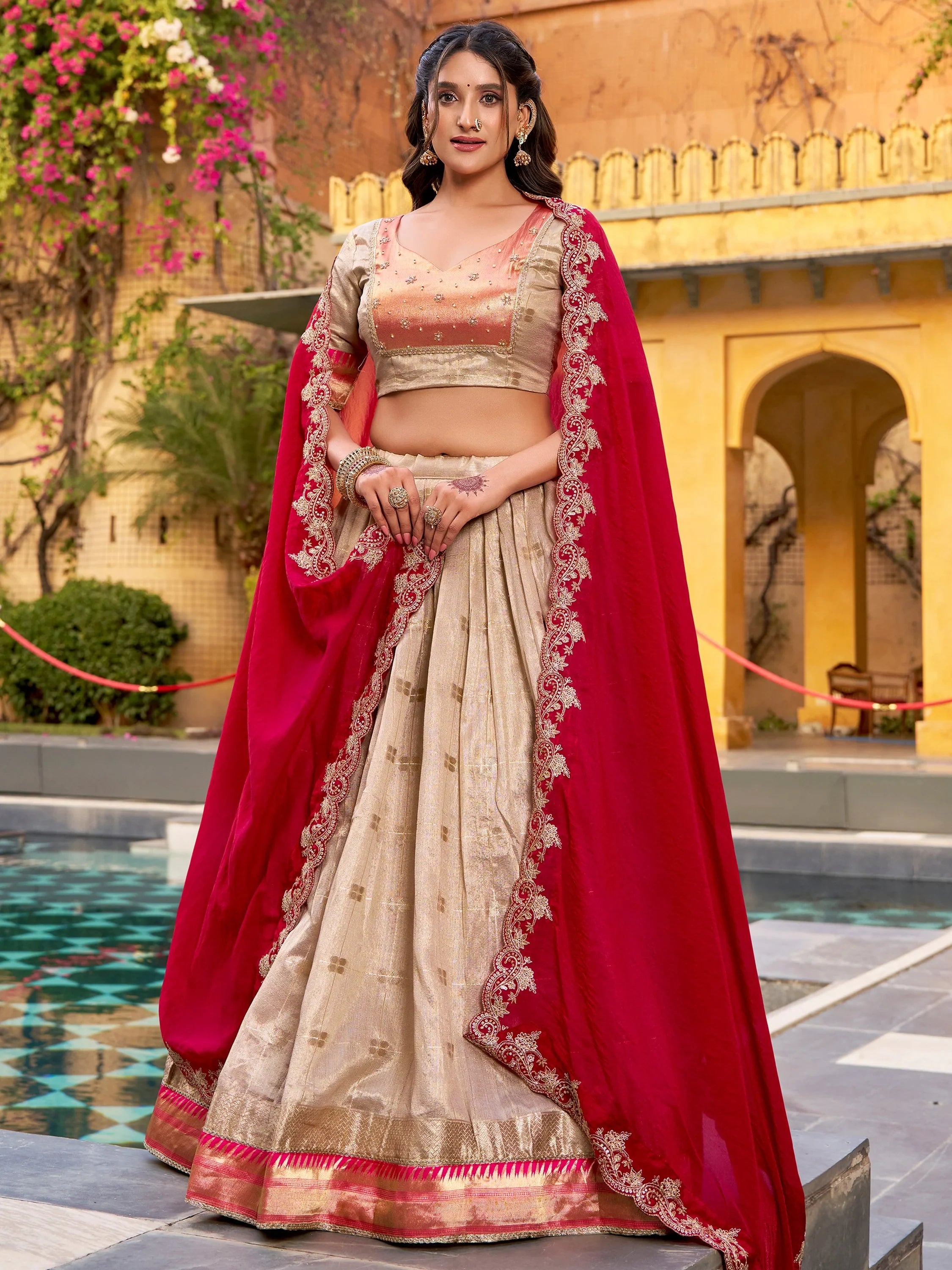 Fashionable Cream Zari Weaving Silk Wedding Wear Lehenga Choli