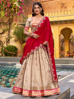 Fashionable Cream Zari Weaving Silk Wedding Wear Lehenga Choli