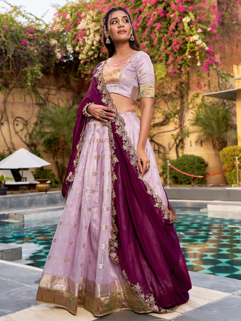 Captivating Lavender Embroidered Silk Marriage Wear Lehenga Choli