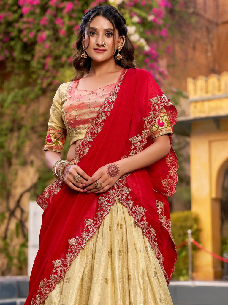 Glamorous Golden Zari Weaving Silk Navratri Wear Lehenga Choli
