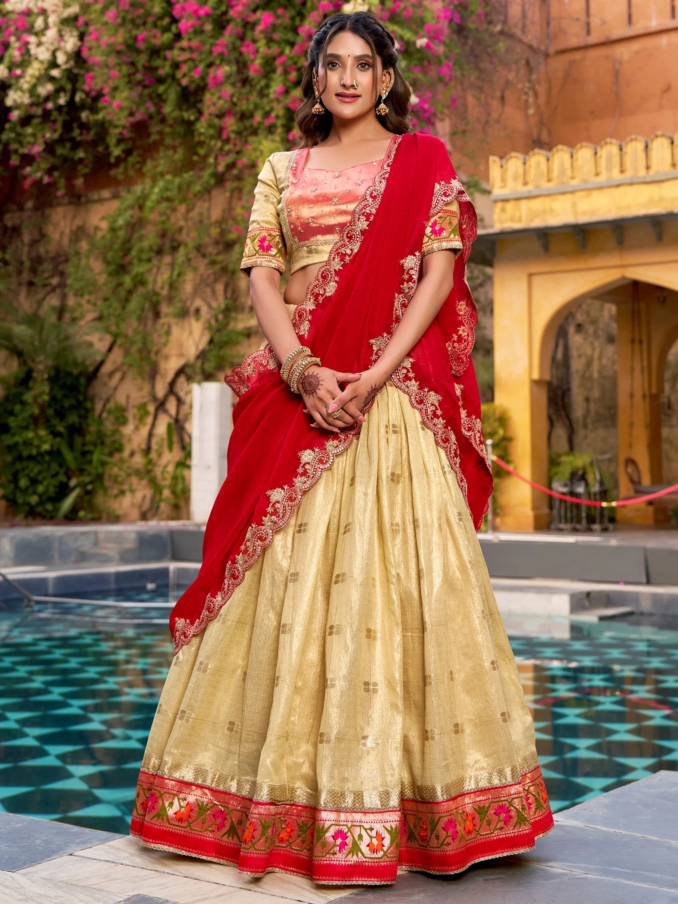 Glamorous Golden Zari Weaving Silk Navratri Wear Lehenga Choli