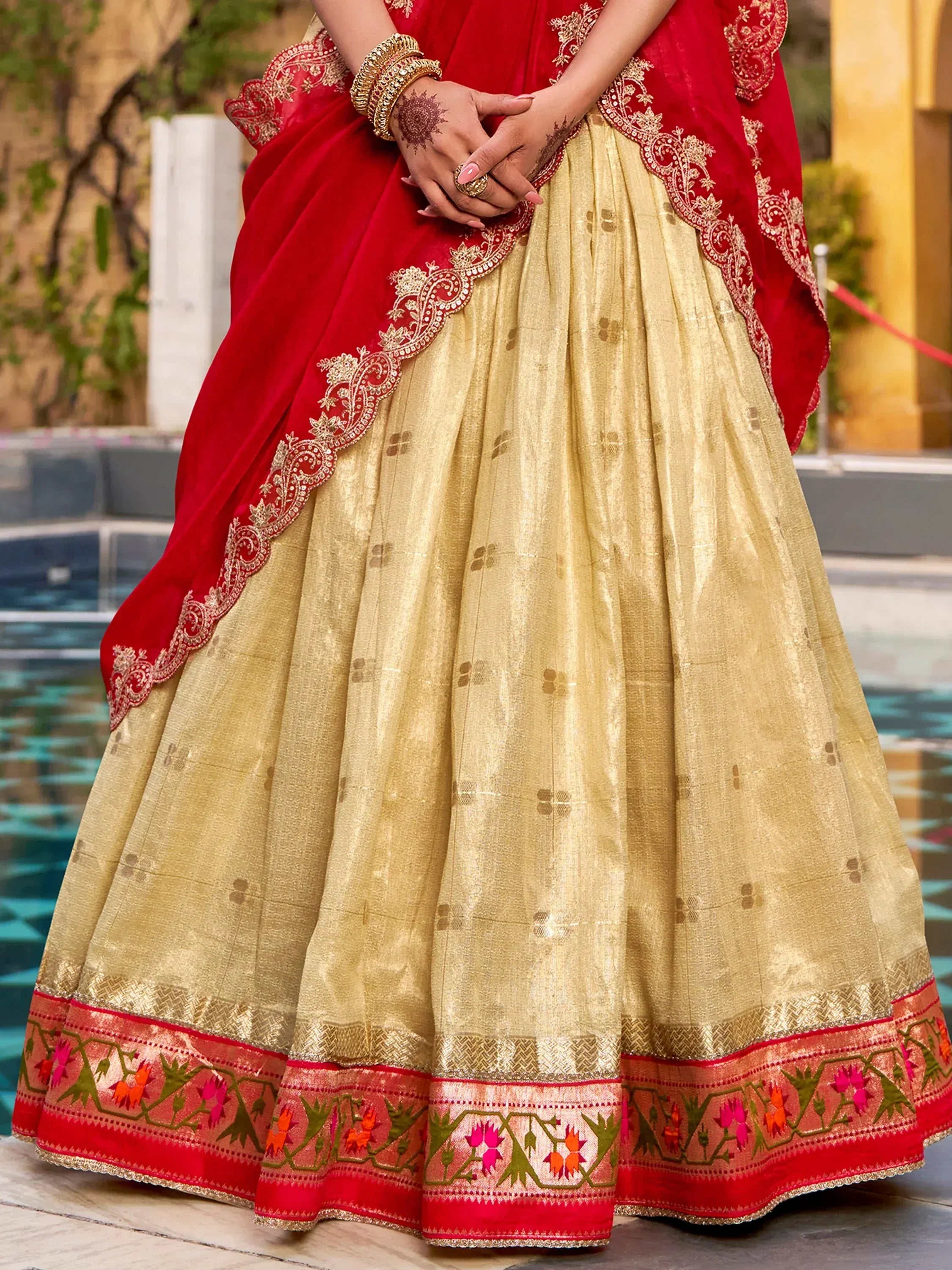 Glamorous Golden Zari Weaving Silk Navratri Wear Lehenga Choli