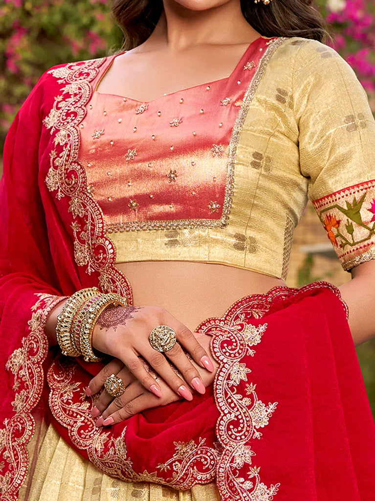 Glamorous Golden Zari Weaving Silk Navratri Wear Lehenga Choli