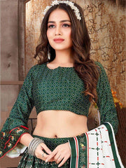 Intricate Green Dull Satin Silk Digital Print Event Wear Lehenga With Dupatta