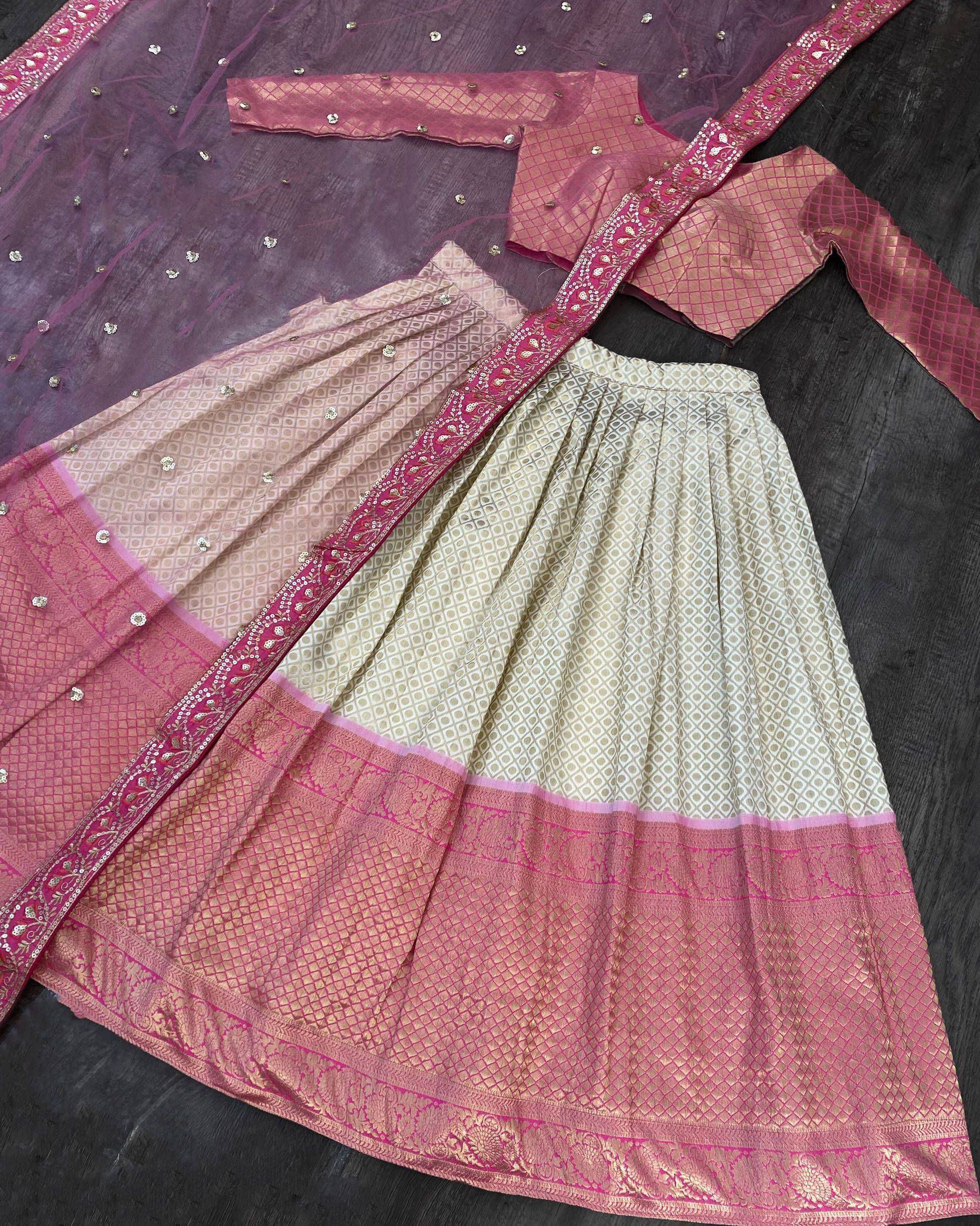 Pink and cream designer lehenga choli with embroidered dupatta, perfect for Indian ethnic wear