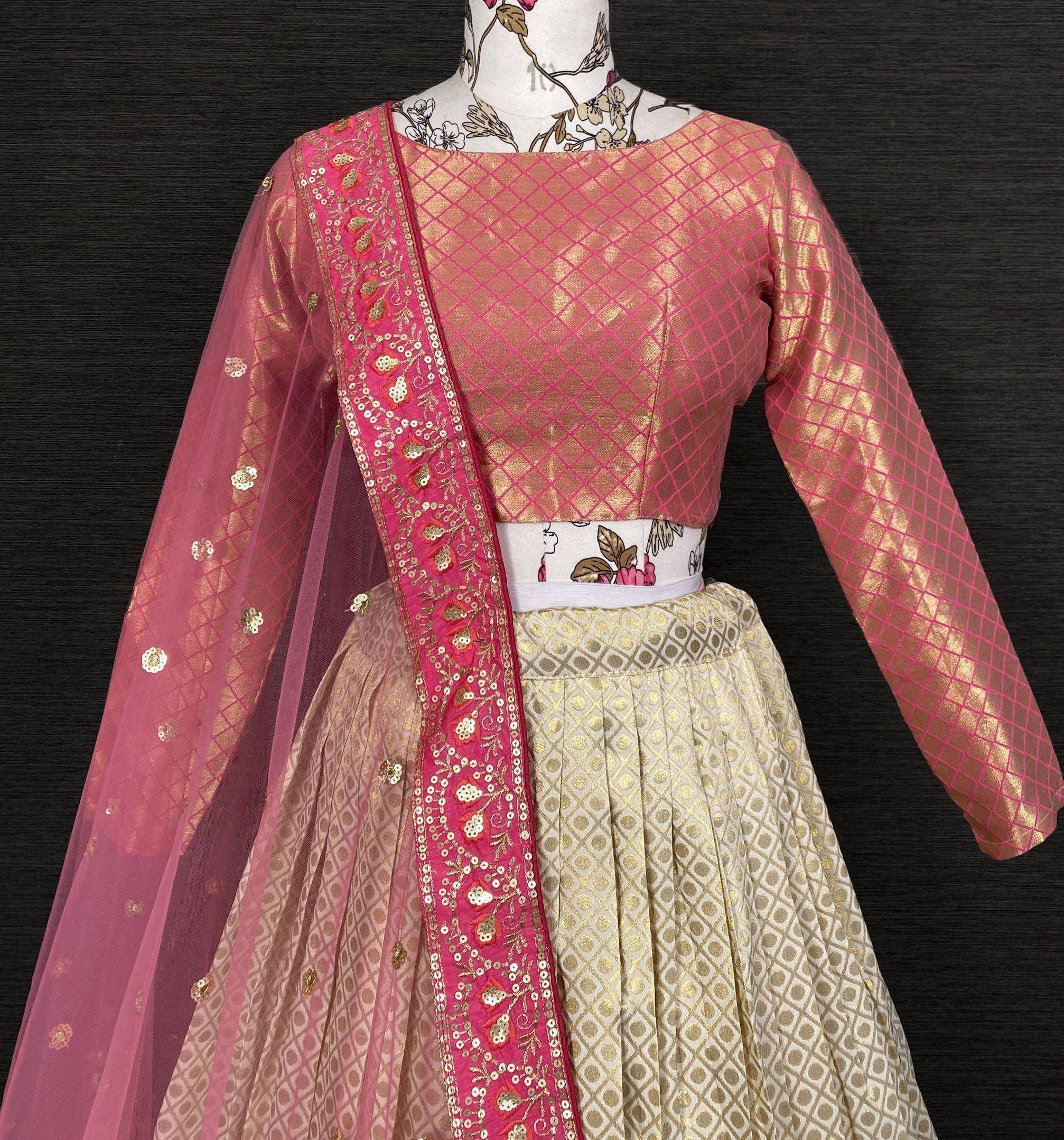 Pink and gold designer lehenga choli with sequin dupatta, perfect for Indian ethnic wear