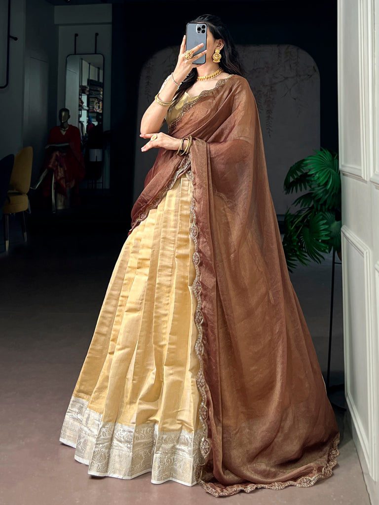 Marvelous Beige Zari Weaving Silk Traditional Half Saree Lehenga