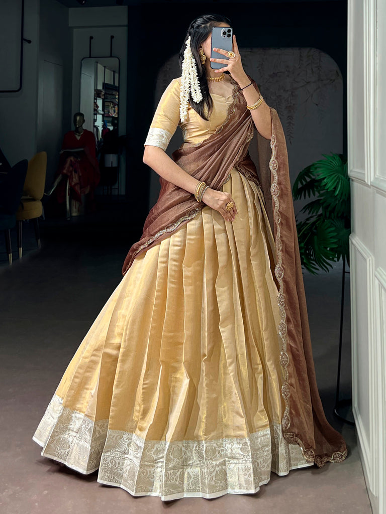 Marvelous Beige Zari Weaving Silk Traditional Half Saree Lehenga
