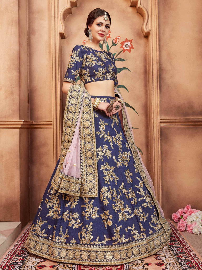 Awesome Navy Blue Sequins Embroidered Wedding Lehenga Choli