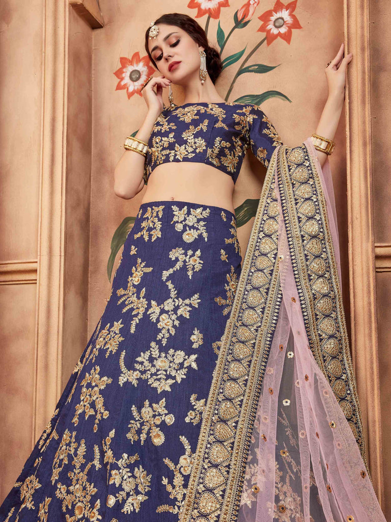 Awesome Navy Blue Sequins Embroidered Wedding Lehenga Choli