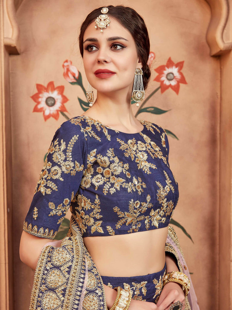 Awesome Navy Blue Sequins Embroidered Wedding Lehenga Choli