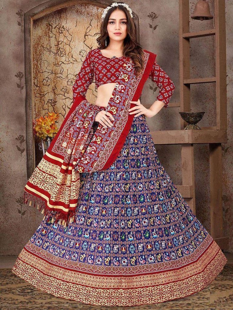 Brilliant Blue Dull Satin Silk Digital Print Reception Wear Lehenga Choli