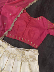 Cream Embroidered Banarasi Silk Wedding Wear Half Saree Lehenga Choli
