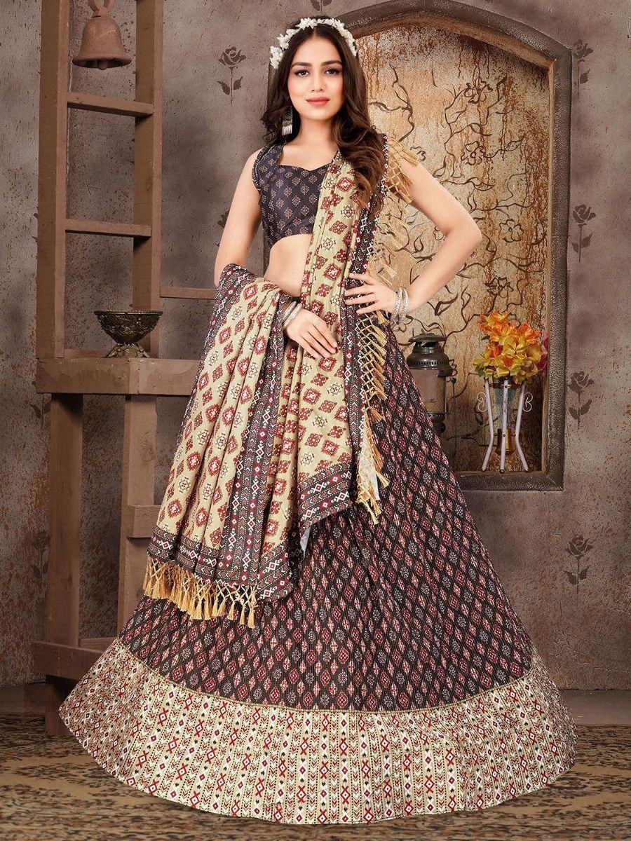 Wondrous Brown Dull Satin Silk Digital Print Wedding Lehenga For Women