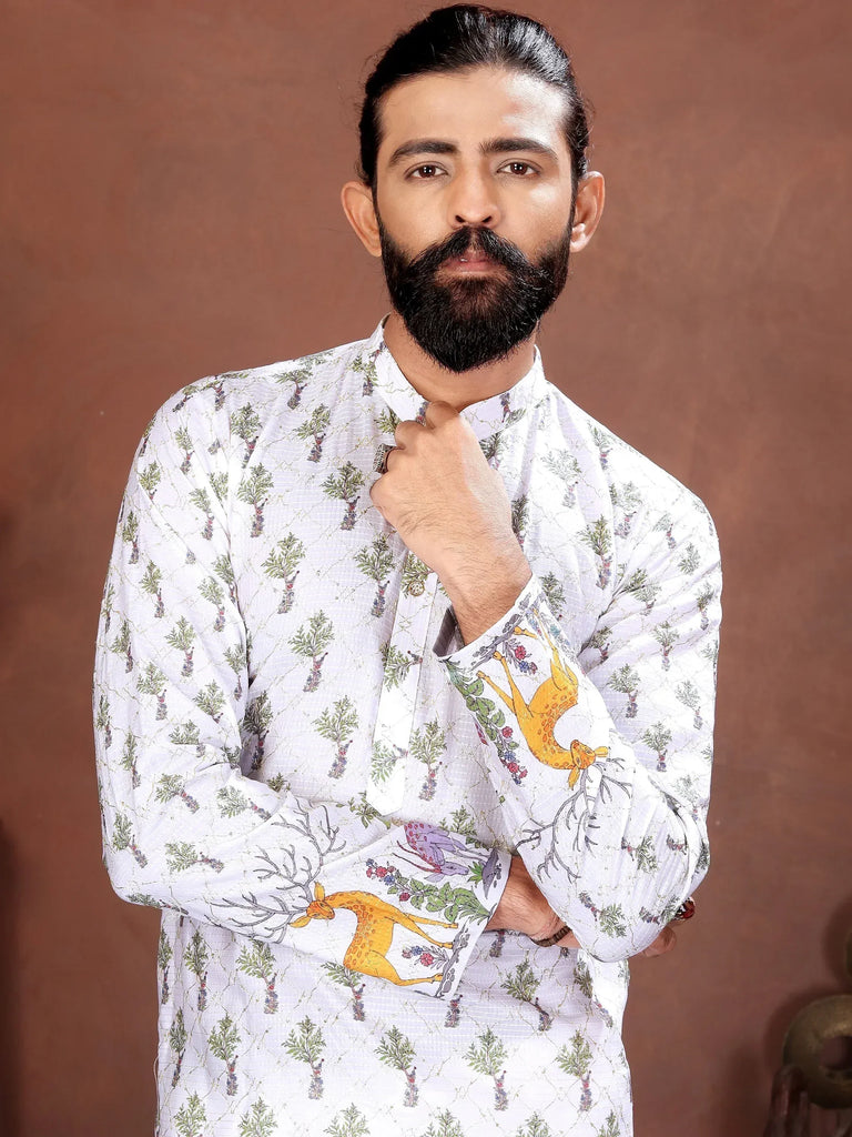Fascinating White Digital Printed Cotton Festival Wear Men’s Kurta