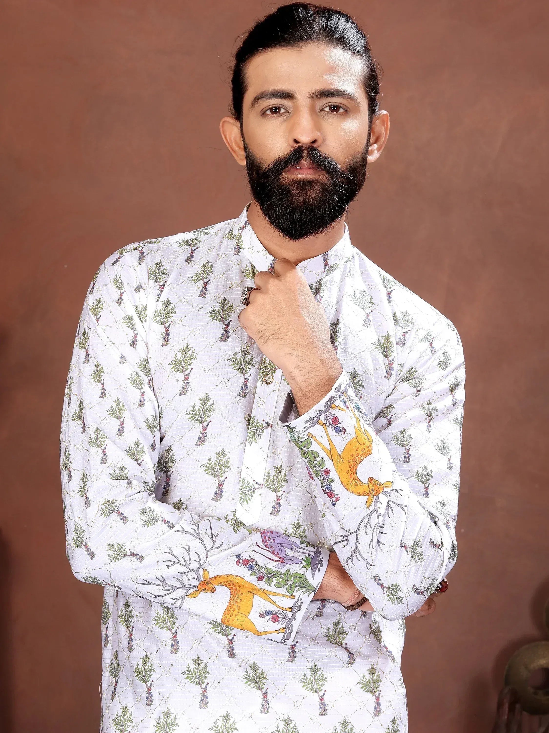 Fascinating White Digital Printed Cotton Festival Wear Men’s Kurta