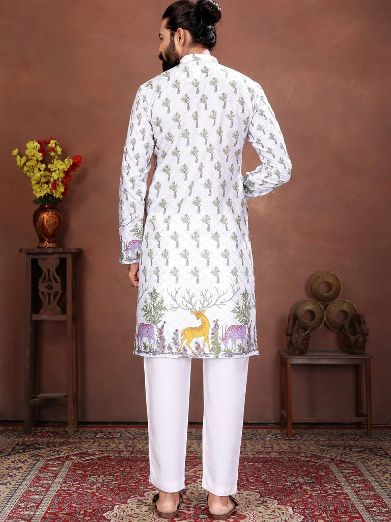 Fascinating White Digital Printed Cotton Festival Wear Men’s Kurta