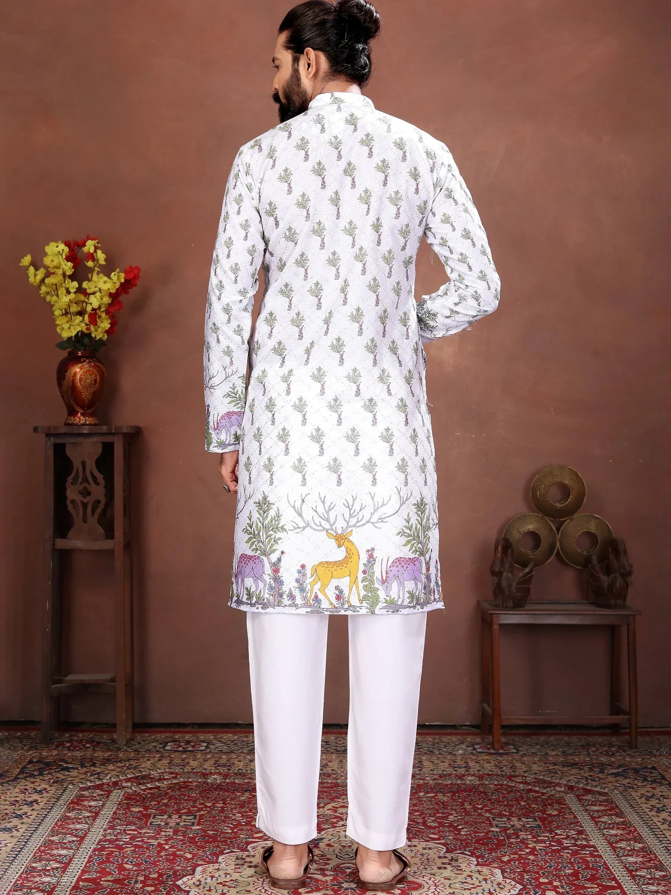 Fascinating White Digital Printed Cotton Festival Wear Men’s Kurta