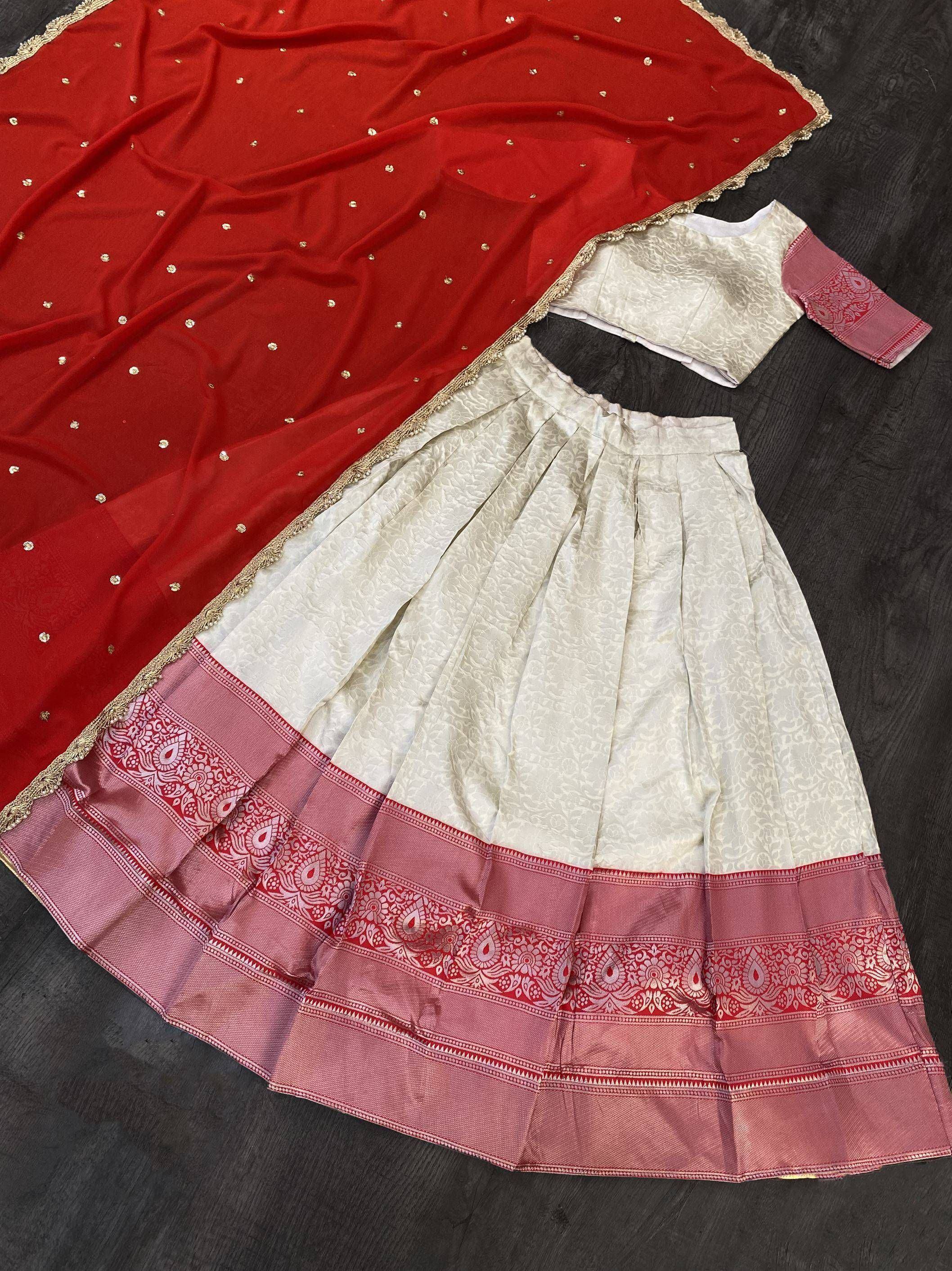 Red and cream Indian lehenga choli with gold embroidery and printed dupatta, ethnic wear for women