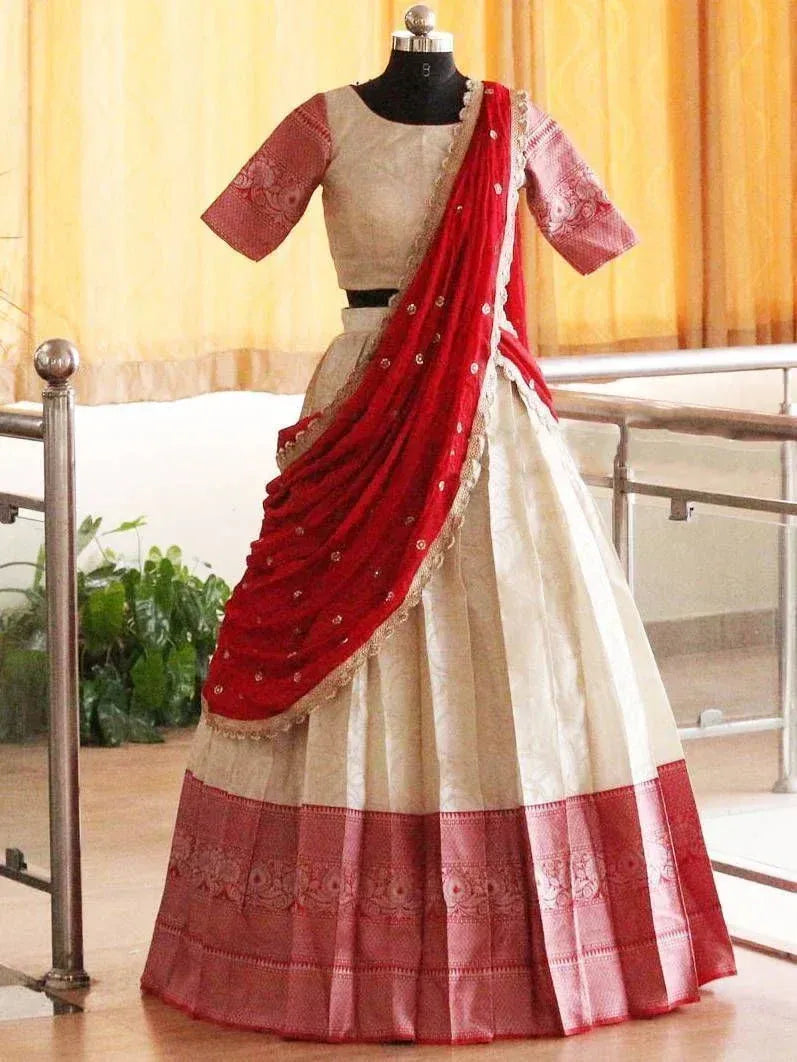 Red and cream designer lehenga choli with embroidered dupatta, perfect for Indian ethnic wear occasions