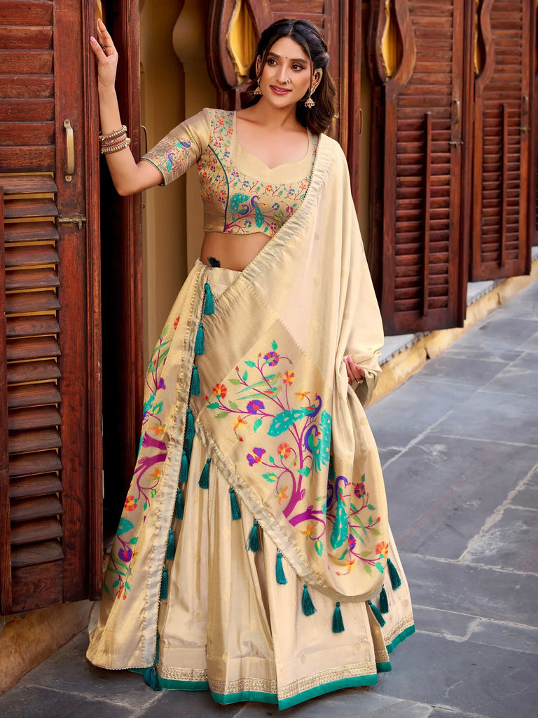 Royal Cream Zari Work Silk Navratri Wear Lehenga Choli With Dupatta
