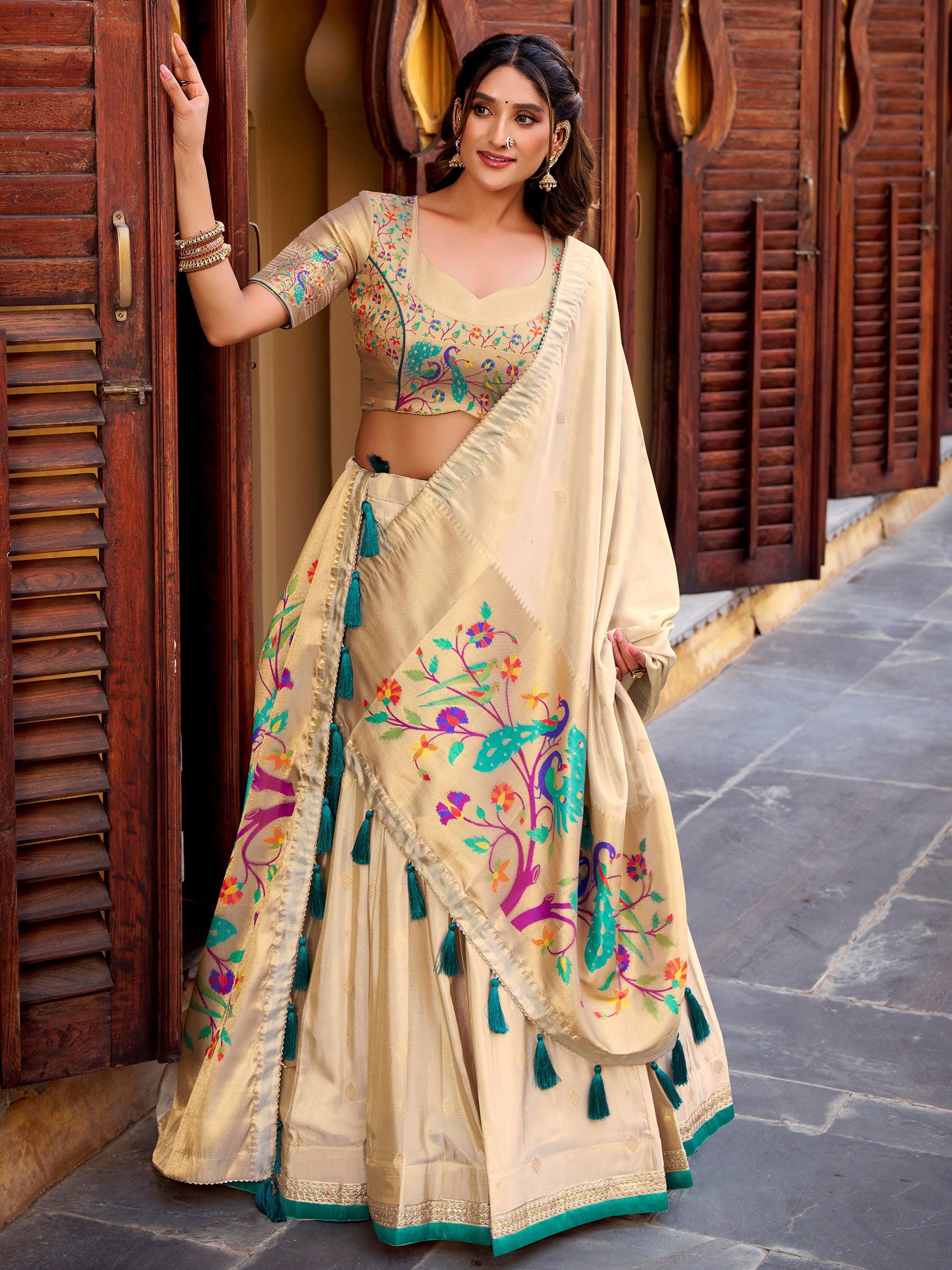 Royal Cream Zari Work Silk Navratri Wear Lehenga Choli With Dupatta
