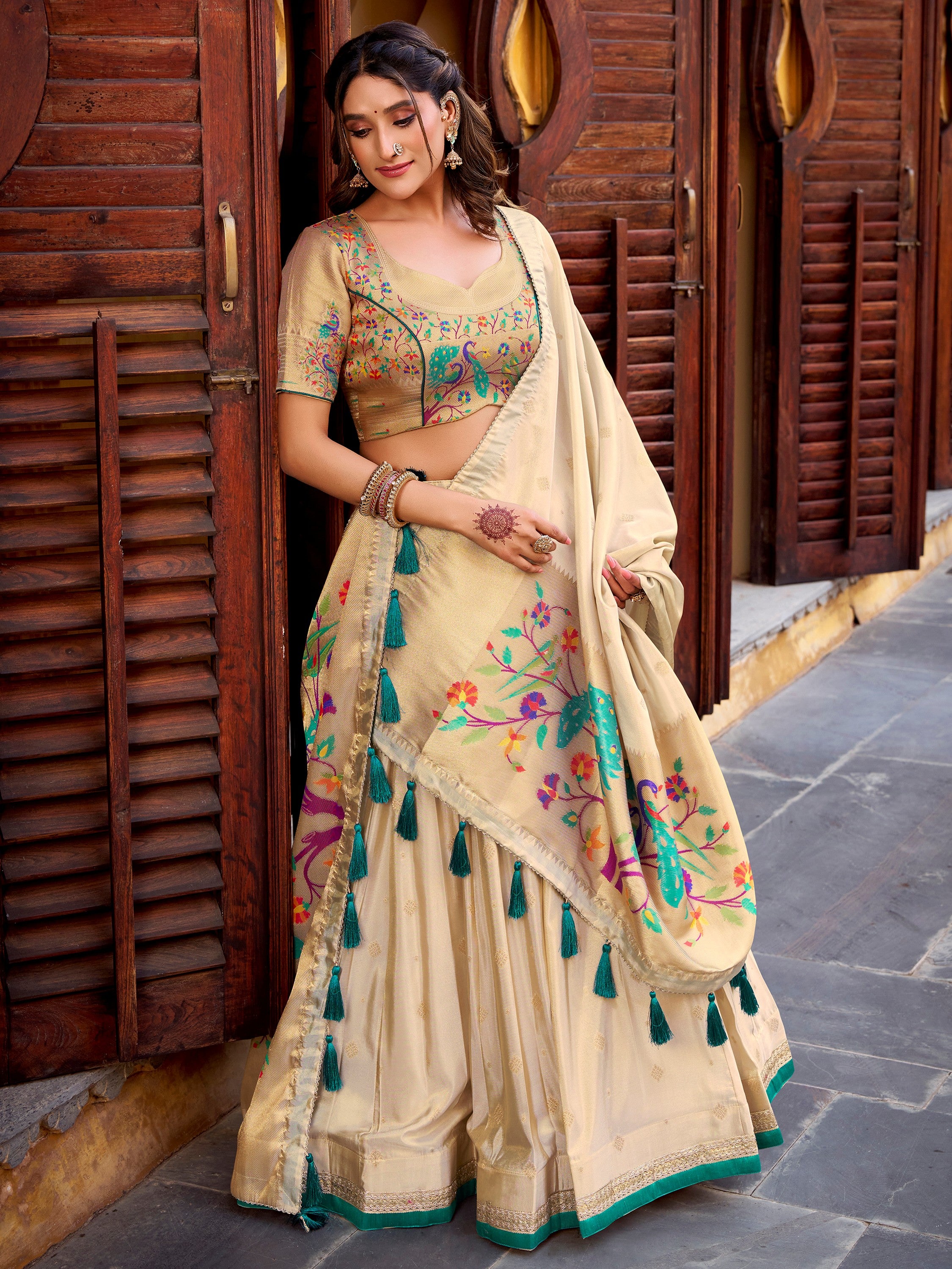 Royal Cream Zari Work Silk Navratri Wear Lehenga Choli With Dupatta
