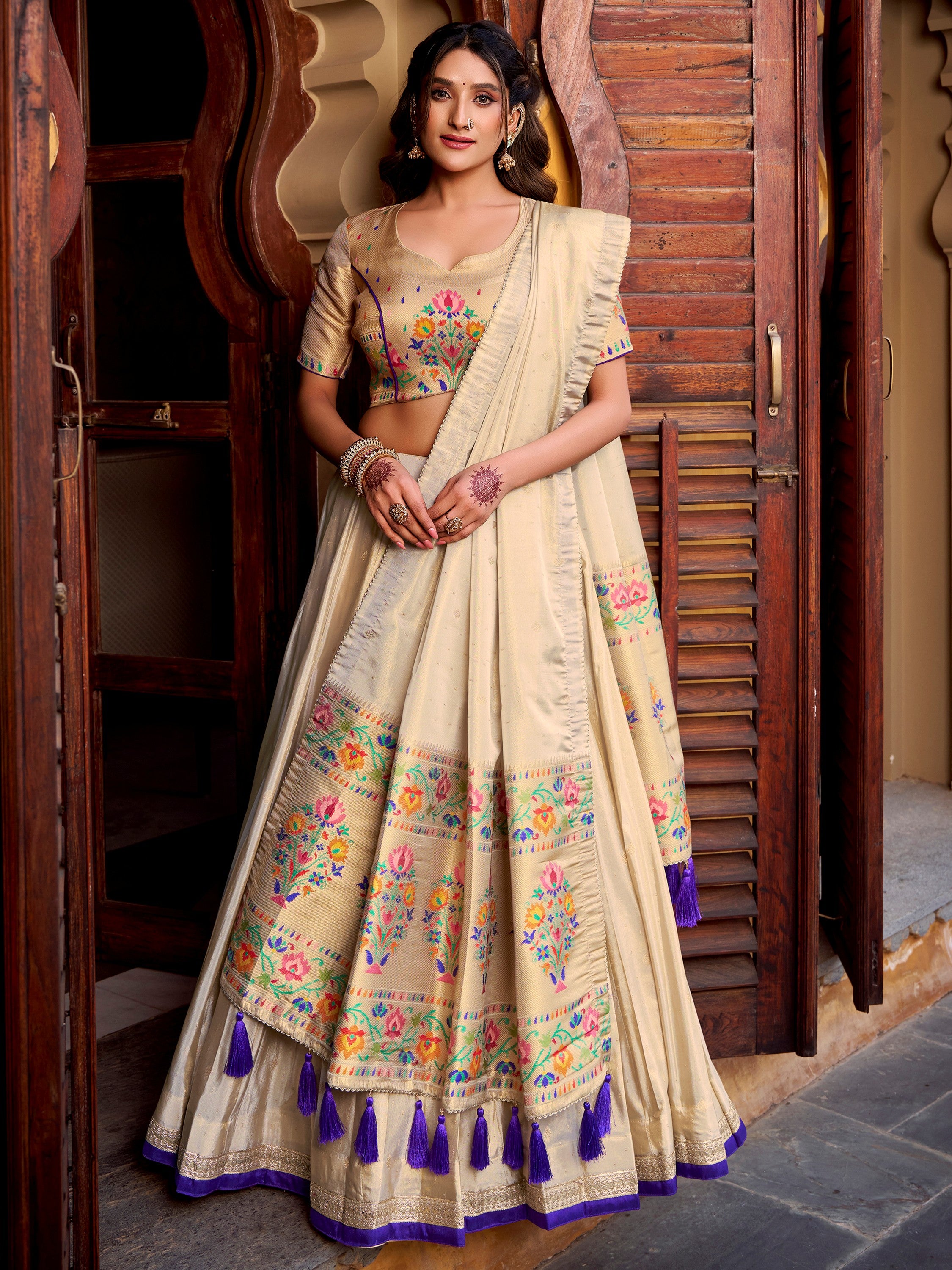 Glowing Cream Zari Embroidered Silk Wedding Wear Lehenga Choli