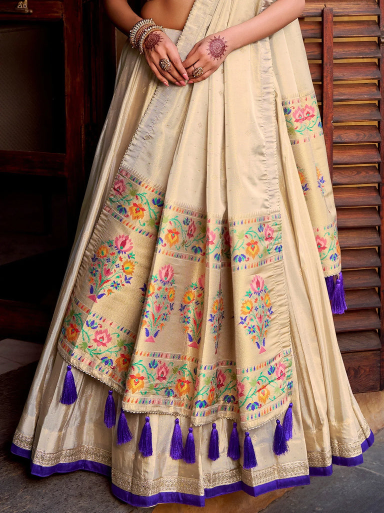 Glowing Cream Zari Embroidered Silk Wedding Wear Lehenga Choli
