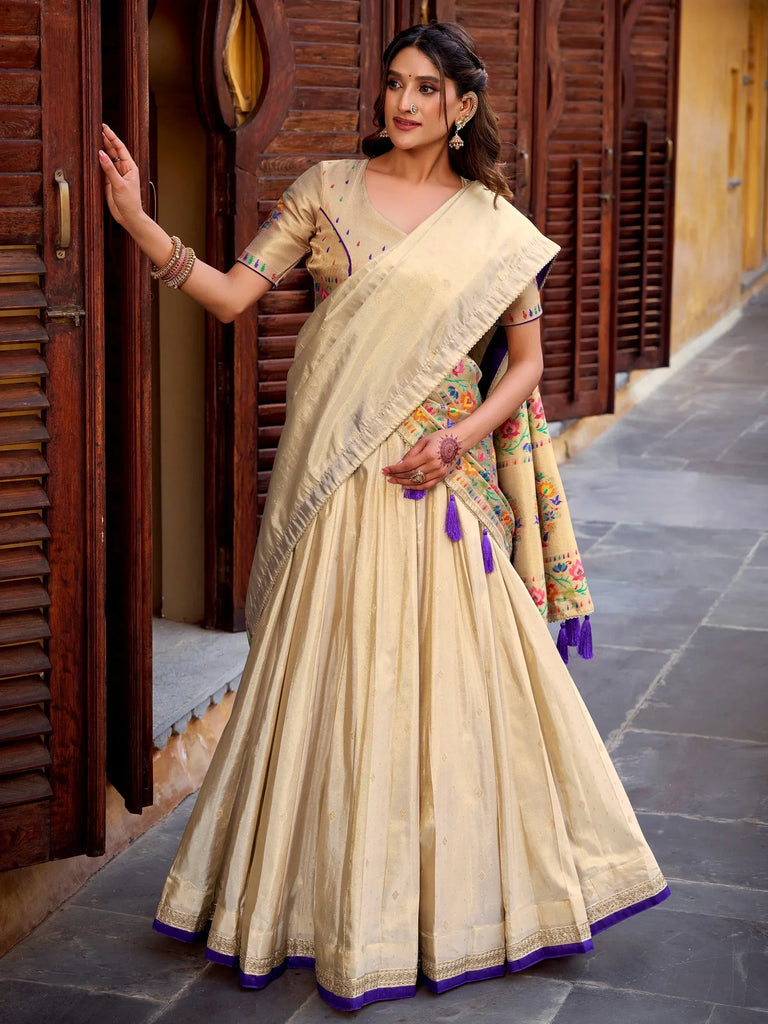 Glowing Cream Zari Embroidered Silk Wedding Wear Lehenga Choli