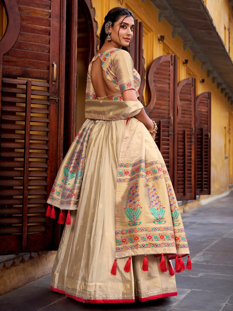 Glamorous Cream Zari Weaving Silk Marriage Wear Lehenga Choli