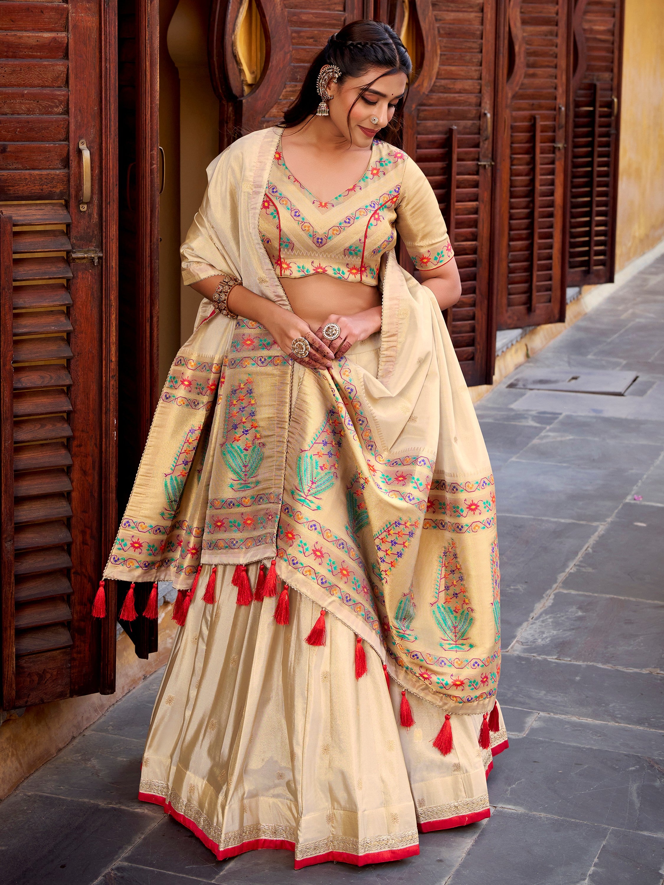 Glamorous Cream Zari Weaving Silk Marriage Wear Lehenga Choli