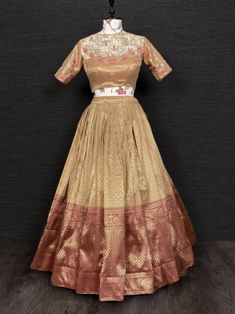 Brown Sequins Jacquard Party Wear Half Saree Lehenga